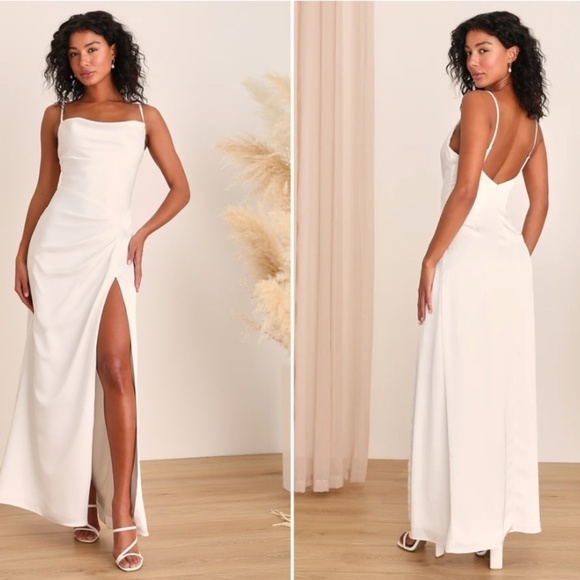 LULU's Bridal Sexy Sophisticated White Satin Cowl Neck Chic Wedding Gown - Picture 4 of 4